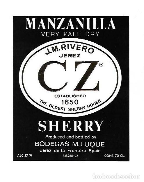 Etiquetas antigas: ETIQUETA DE VINO. MANZANILLA VERY PALE DRY. J.M.RIVERO JEREZ. CZ. SHERRY. BODEGAS M.LUQUE