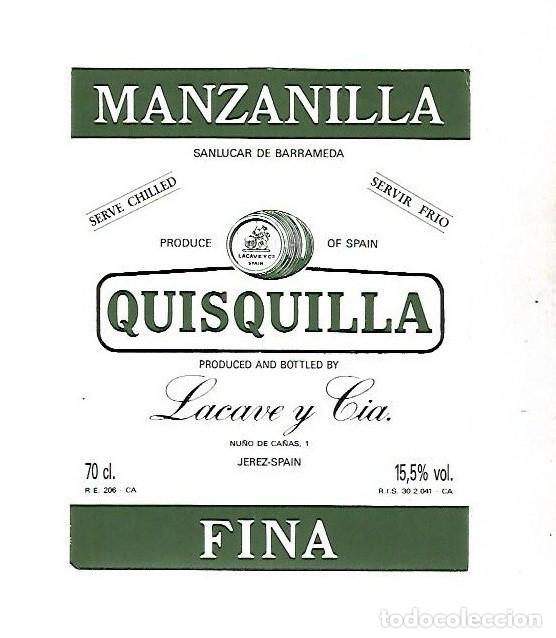 Old Labels: ETIQUETA DE VINO. MANZANILLA FINA. QUISQUILLA. LACAVE Y CIA. SANLUCAR DE BARRAMEDA