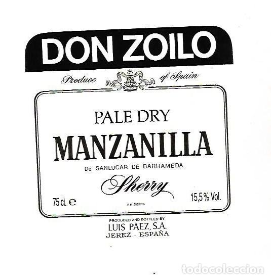 Old Labels: ETIQUETA DE VINO. MANZANILLA PALE DRY. DON ZOILO. SHERRY. LUIS PAEZ. JEREZ
