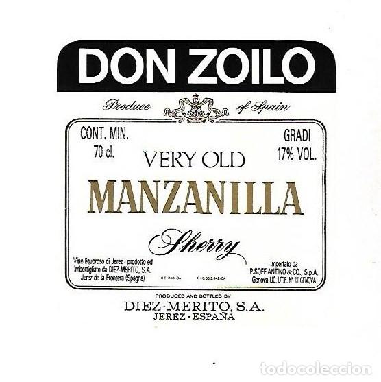 Old Labels: ETIQUETA DE VINO. MANZANILLA VERY OLD. DON ZOILO. SHERRY. DIEZ MERITO. JEREZ
