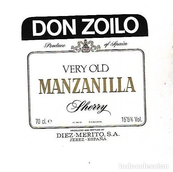 Etiquetas antigas: ETIQUETA DE VINO. MANZANILLA VERY OLD. DON ZOILO. SHERRY. DIEZ MERITO. JEREZ