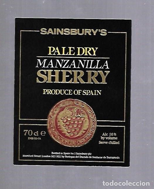 Etiquetas antigas: ETIQUETA DE VINO. MANZANILLA SHERRY. PALE DRY. SAINSBURY'S. SANLUCAR DE BARRAMEDA