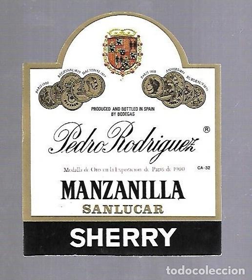 Old Labels: ETIQUETA DE VINO. MANZANILLA SANLUCAR. PEDRO RODRIGUEZ. SHERRY