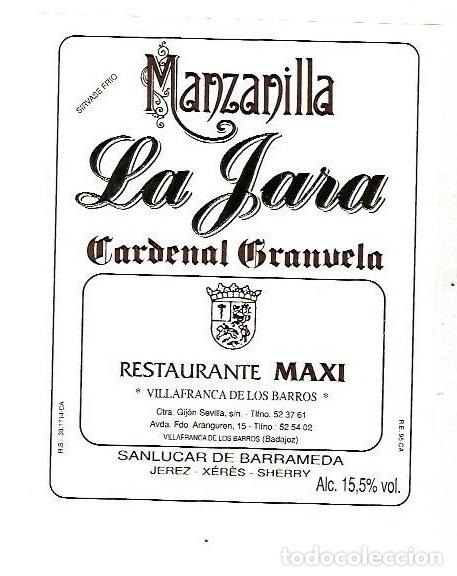 Etichette antiche: ETIQUETA DE VINO. MANZANILLA LA JARA. CARDENAL GRANUELA. RESTAURANTE MAXI. SANLUCAR