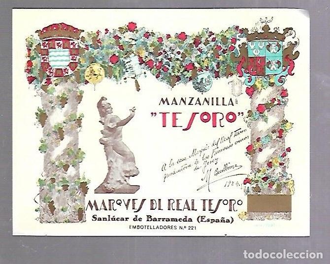Old Labels: ETIQUETA DE VINO. MANZANILLA TESORO. MARQUES DEL REAL TESORO. SANLUCAR