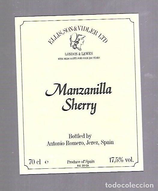 Old Labels: ETIQUETA DE VINO. MANZANILLA SHERRY. ELLIS, SON & VIDLER. ANTONIO ROMERO. JEREZ