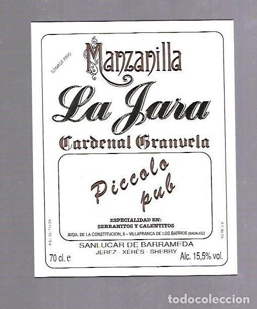 Old Labels: ETIQUETA DE VINO. MANZANILLA LA JARA. CARDENAL GRANUELA. PICCOLA PUB. SANLUCAR