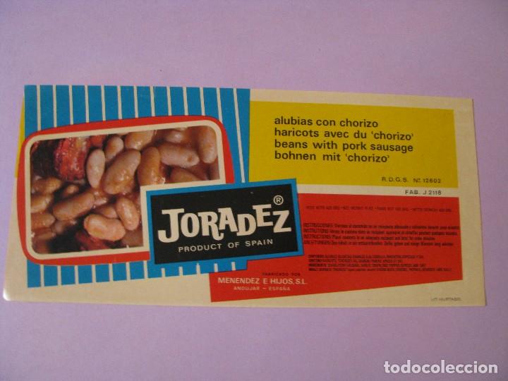 Etichette antiche: ETIQUETA DE ALUBIAS CON CHORIZO. JORADEZ. MENENDEZ E HIJOS, S. L. ANDUJAR.
