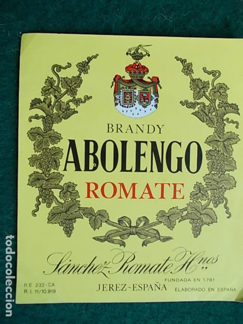 Etiquetas antiguas: Etiqueta de vino de Jerez Bodega Romate Brandy Abolengo