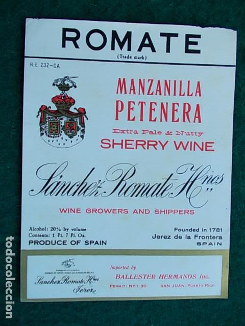 Etiquetas antiguas: Etiqueta de vino de Jerez Bodega  Romate Petenera manzanilla