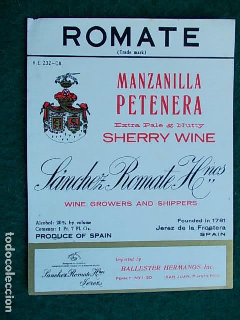 Etiquetas antiguas: Etiqueta de vino de Jerez Bodega Romate Petenera manzanilla