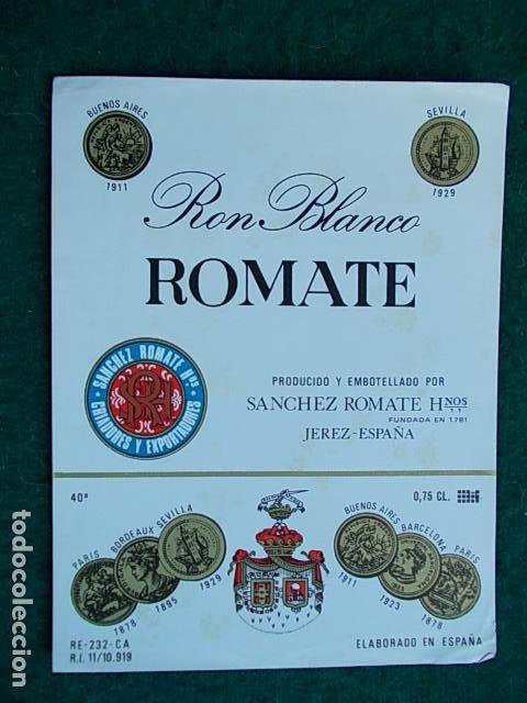Etiquetas antiguas: Etiqueta de vino de Jerez Bodega Romate  Ron Blanco