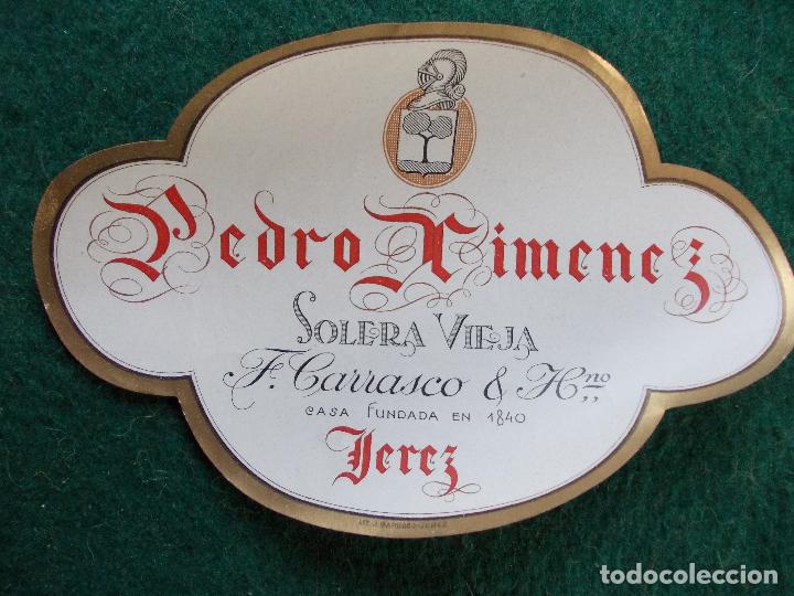 Etiquetas antiguas: Etiqueta de vino de Jerez Bodega Carrasco Pedro Jimenez  Antigua bien conservada