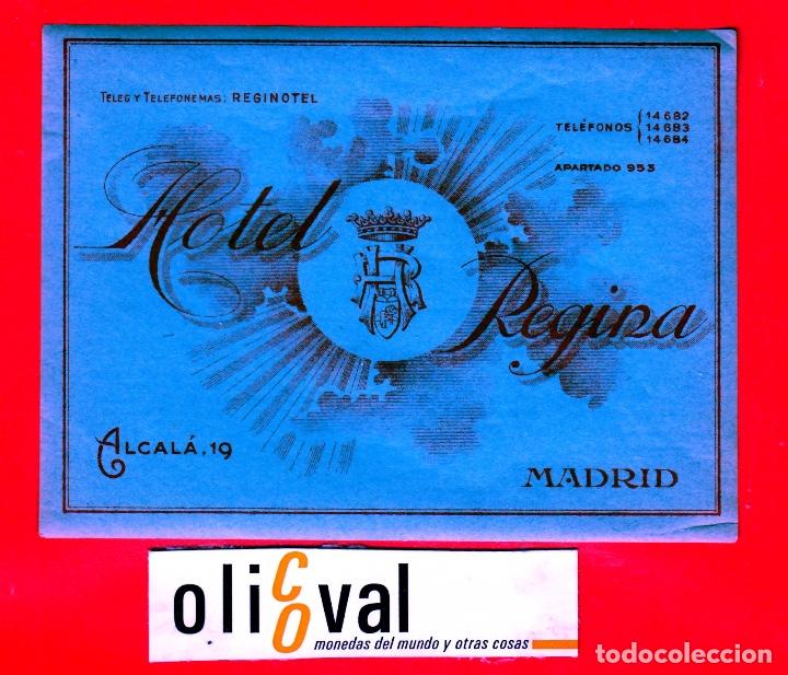 Etiquetas antiguas: ETIQUETA HOTEL MADRID HOTEL REGINA  ROJA SOBRE CELESTE1  70X90 mm