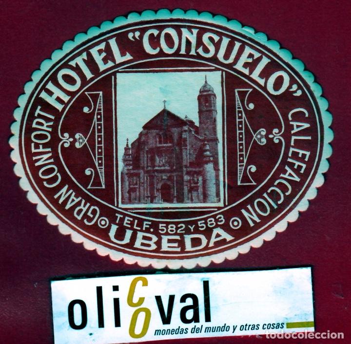 Etiquetas antiguas: ETIQUETA HOTEL JAEN HOTEL CONSUELO UBEDA  ROJA  DATADA TROQUEL 95mm