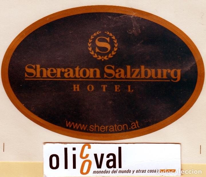 Etiquetas antiguas: ETIQUETA HOTEL SHERATON SALZBIURG TROQUEL  ES AZUL Y ORO  120 mm EHEX-6802128