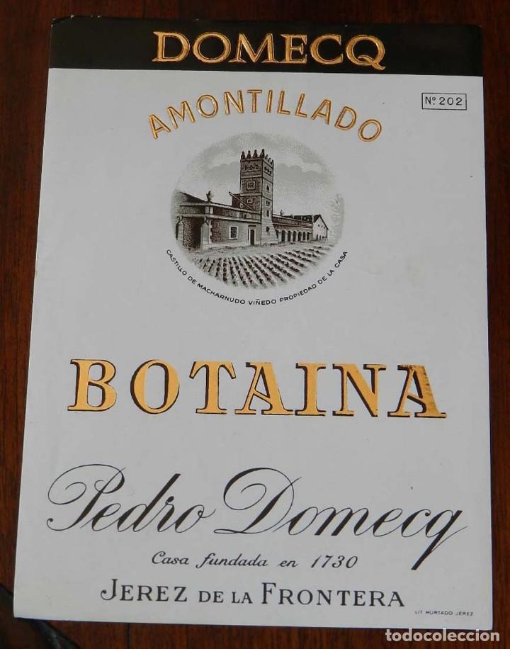 Etichette antiche: ANTIGUA ETIQUETA DE PEDRO DOMECQ, AMONTILLADO, BOTAINA, JEREZ DE LA FRONTERA, MIDE 13,5 X 10,5 CMS.