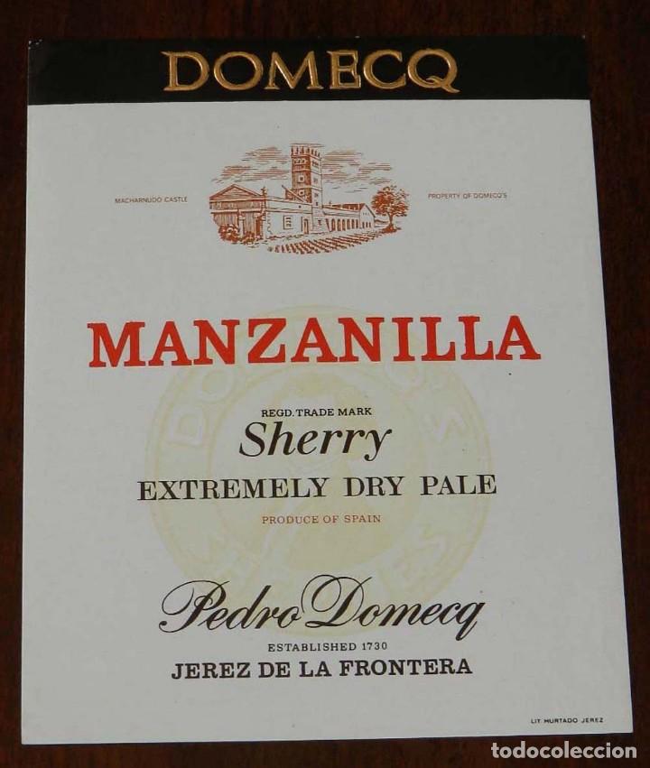 Etichette antiche: ANTIGUA ETIQUETA DE PEDRO DOMECQ, MANZANILLA, EXTREMELY DRY PALE, SHERRY, JEREZ DE LA FRONTERA, MIDE