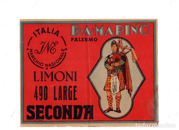 Old Labels: ETIQUETA . B. A. MARINO. PALERMO. ITALIA. MARCHIO NAZIONALE. LIMONI 490 LARGE SECONDA.