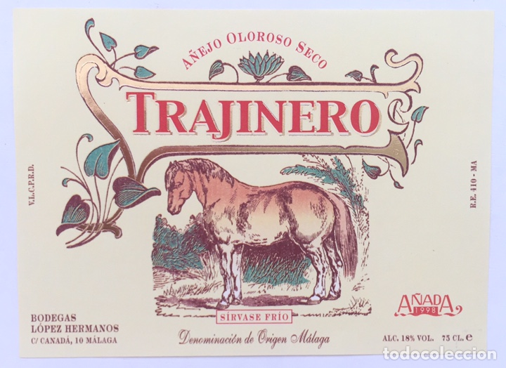 Etiquetas antiguas: Etiqueta Trajinero - Vino Oloroso Seco - Bodega L&oacute;pez Hermanos - M&aacute;laga A&ntilde;ada 1998