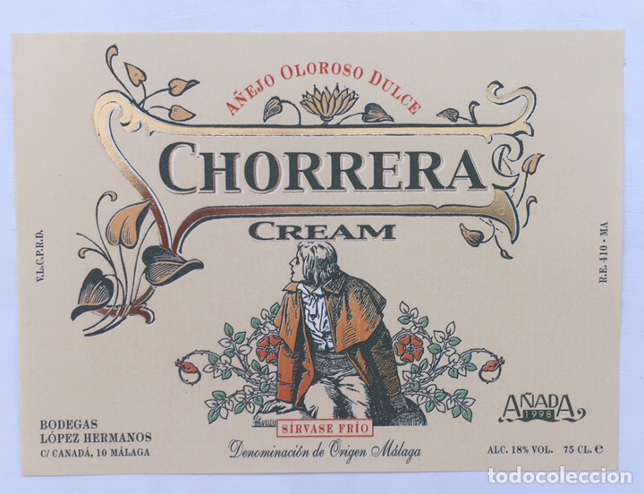 Old Labels: Etiqueta Chorrera Cream - Vino A&ntilde;ejo Oloroso Dulce - Bodega L&oacute;pez Hermanos - M&aacute;laga A&ntilde;ada 1998