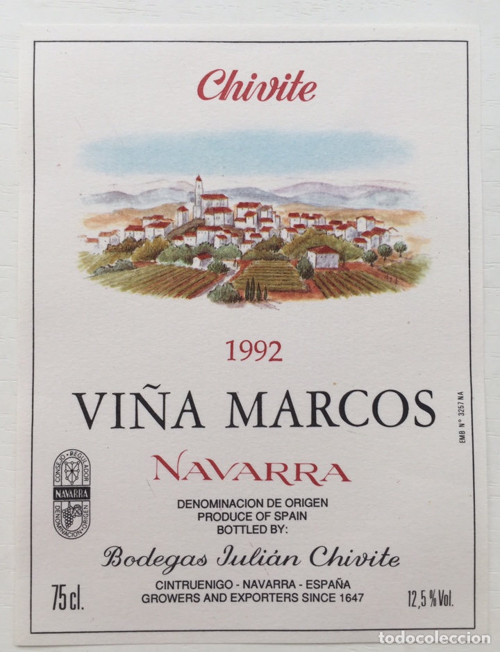 Old Labels: Etiqueta Vino Vi&ntilde;a Marcos - bodegas Juli&aacute;n Chivite - Cintruenigo - Navarra - Cosecha 1992
