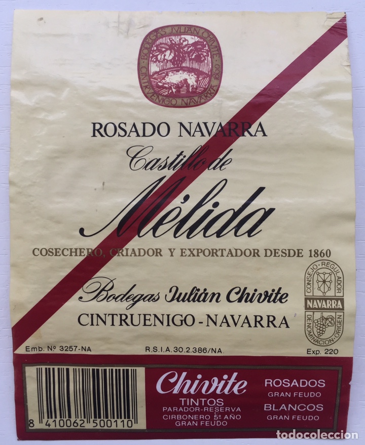 Old Labels: Etiqueta Vino Rosado Castillo de M&eacute;lida - bodegas Juli&aacute;n Chivite - Cintruenigo - Navarra
