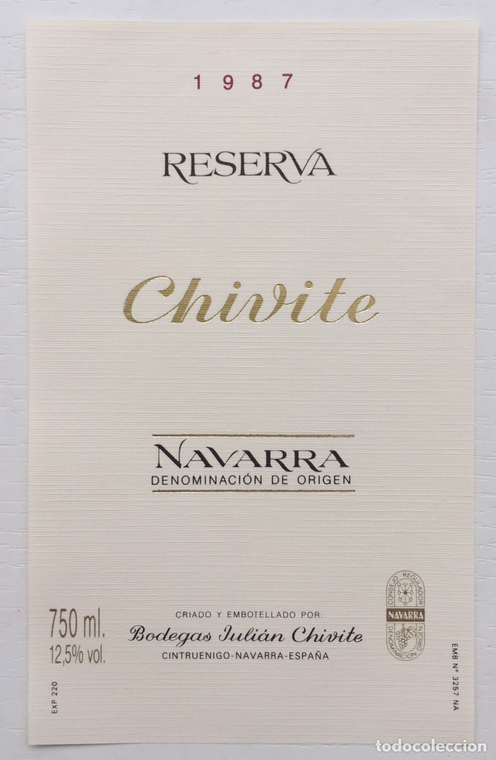Old Labels: Etiqueta Vino Reserva 1987 - bodegas Juli&aacute;n Chivite - Cintruenigo - Navarra