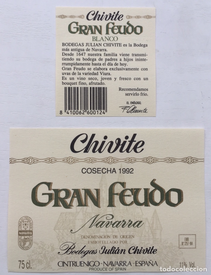 Old Labels: Etiqueta Vino Blanco Gran Feudo - bodegas Juli&aacute;n Chivite - Cintruenigo - Navarra - Cosecha 1992