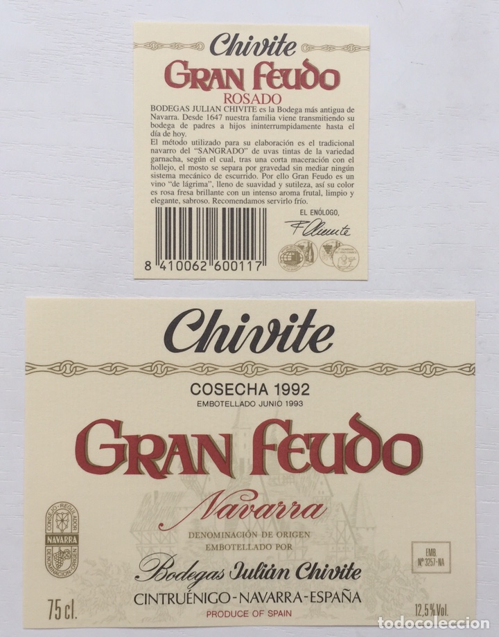Old Labels: Etiqueta Vino Rosado Gran Feudo - bodegas Juli&aacute;n Chivite - Cintruenigo - Navarra - Cosecha 1992