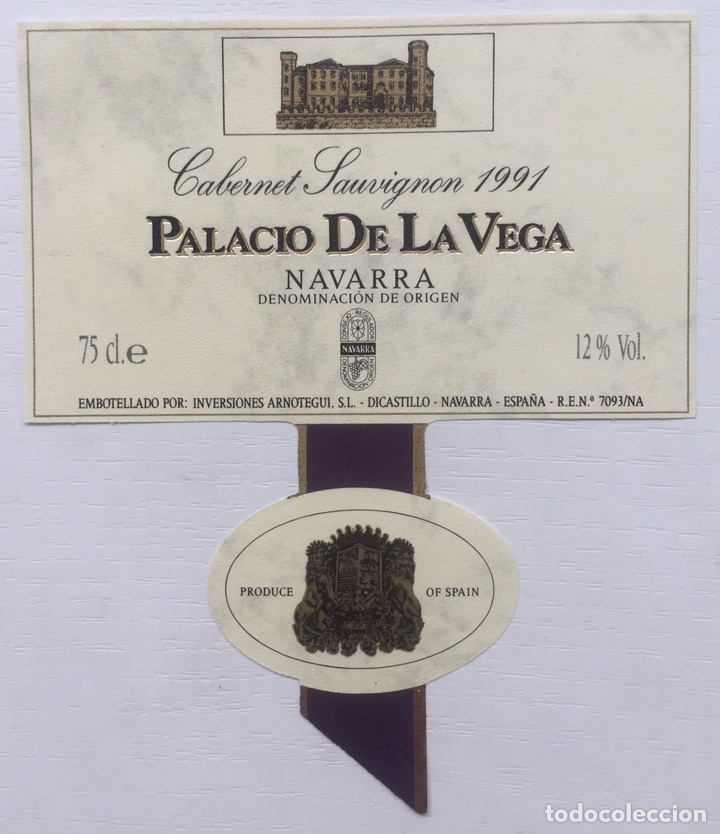 Old Labels: Etiqueta Vino Cabernet Lauvignon 1991 Palacio De la Vega - Arnotegui - Dicastillo - Navarra