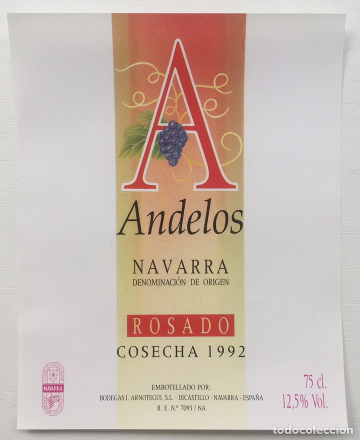 Old Labels: Etiqueta Vino Rosado Andelos - Arnotegui - Dicastillo - Navarra - Cosecha 1992