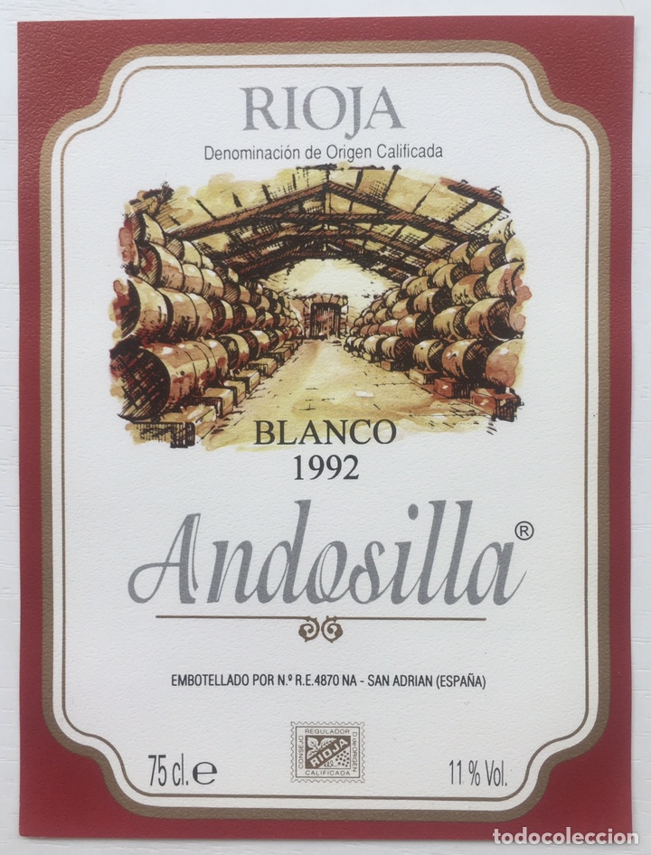 Etichette antiche: Etiqueta Vino Rioja Blanco Andosilla - San Adrian - Cosecha 1992