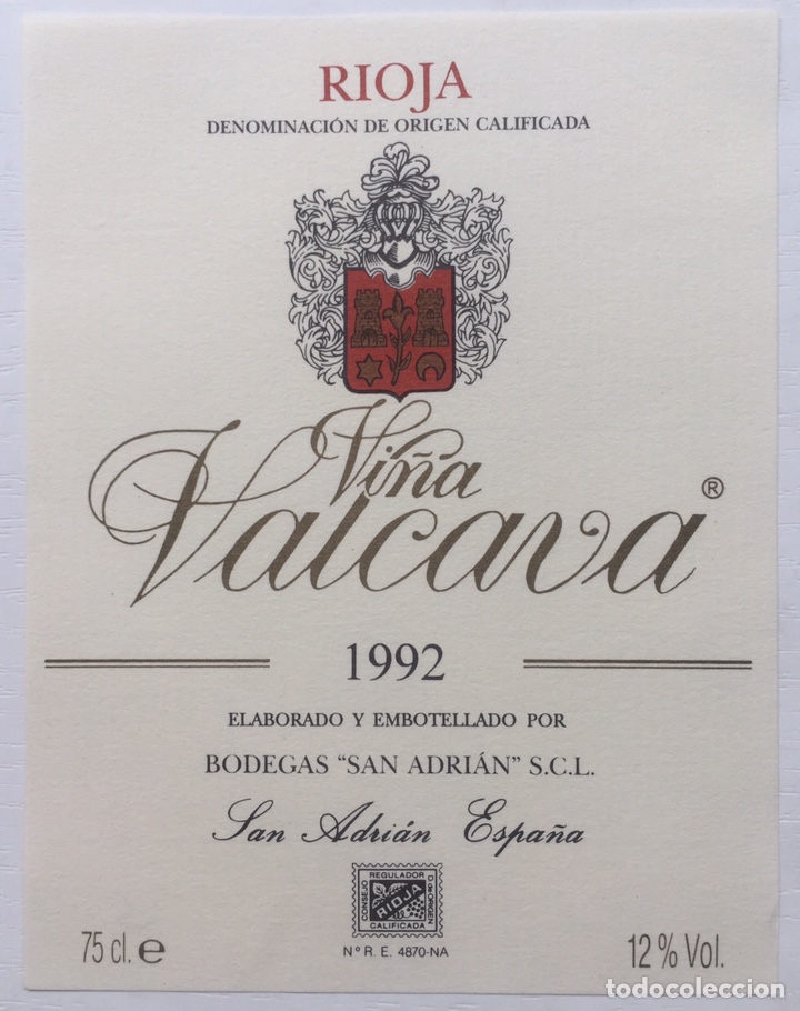 Old Labels: Etiqueta Vino Rioja Vi&ntilde;a Valcava - bodegas San Adrian - Cosecha 1992
