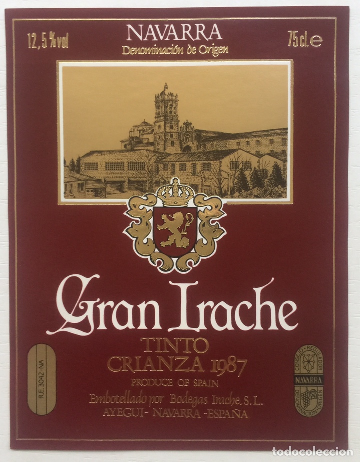 Old Labels: Etiqueta Vino Tinto Gran Irache Crianza 1987 - Bodegas Irache SL - Ayegui - Navarra