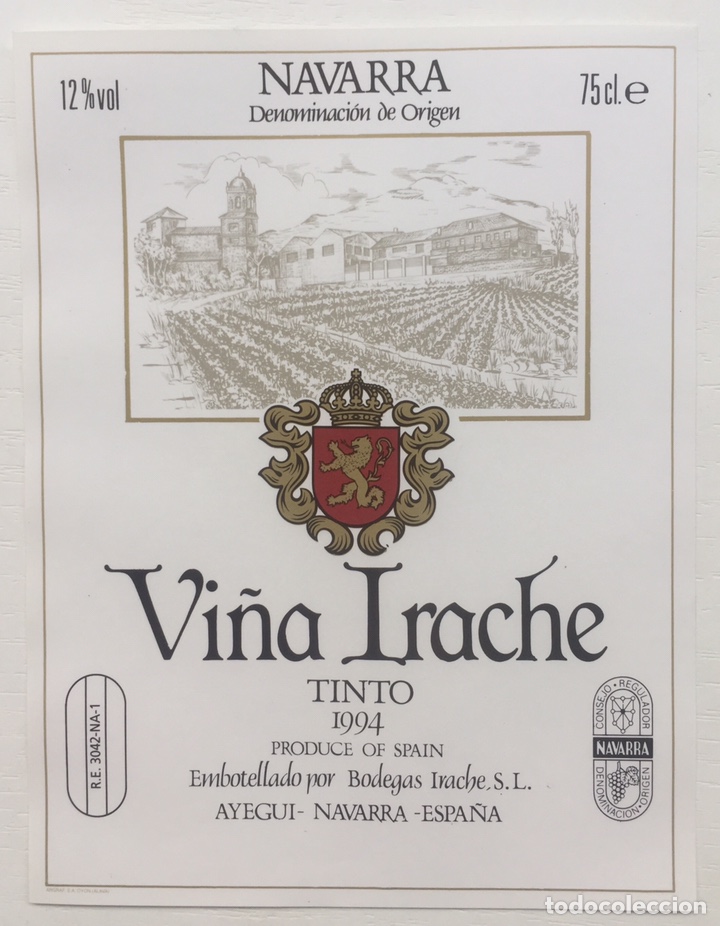 Old Labels: Etiqueta Vino Vi&ntilde;a Irache Tinto - Bodegas Irache SL - Ayegui - Navarra - Cosecha 1994
