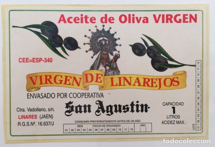 Etiquetas antiguas: Etiqueta Adhesivo Pegatina Aceite de Oliva - Virgen de Linarejos - Coop. San Agust&iacute;n Linares Ja&eacute;n