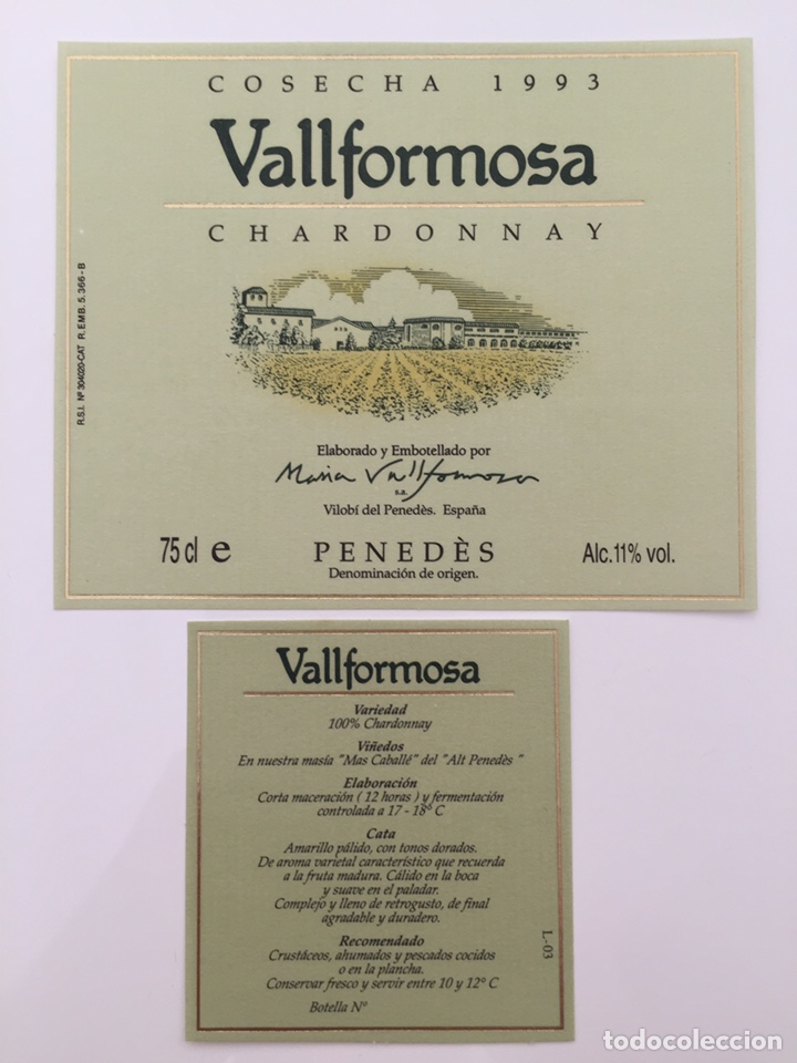 Old Labels: Etiqueta Vino Chardonnay - Vallformosa - Penedes - Barcelona - Catalu&ntilde;a - Cosecha 1993