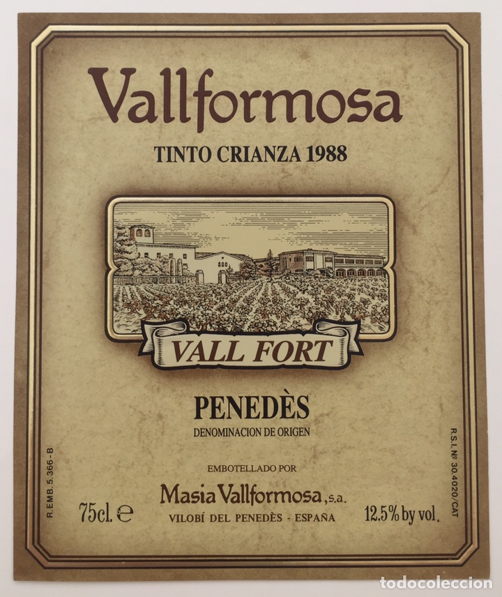 Old Labels: Etiqueta Vino Tinto Crianza 1988 - Vallformosa - Vilobi del Penedes - Barcelona - Catalu&ntilde;a