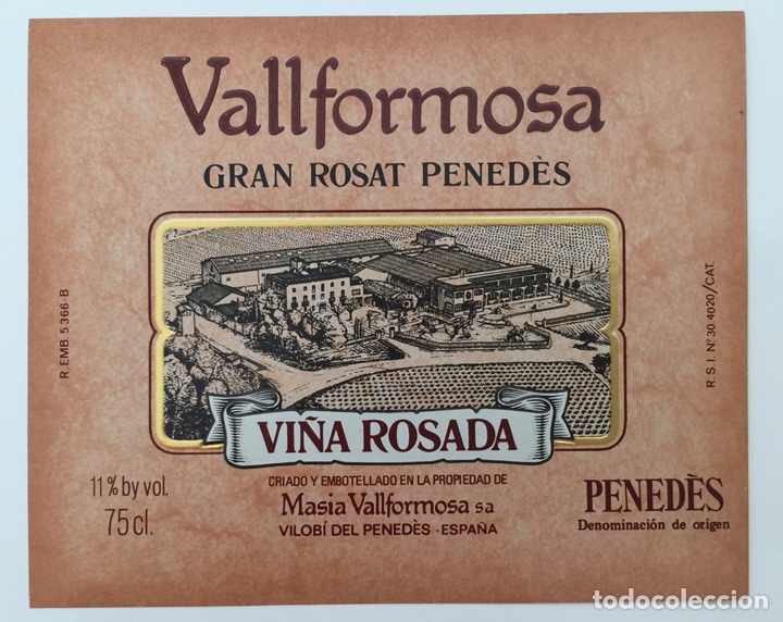 Old Labels: Etiqueta Vino Gran Rosat Vi&ntilde;a Rosada - Vallformosa - Vilobi del Penedes - Barcelona - Catalu&ntilde;a