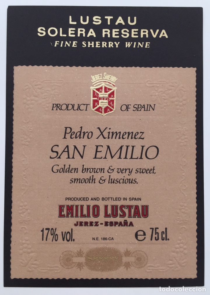Old Labels: Etiqueta Vino Pedro Ximenez San Emilio - Bodegas Emilio Lustau - Jerez Sherry - Espa&ntilde;a
