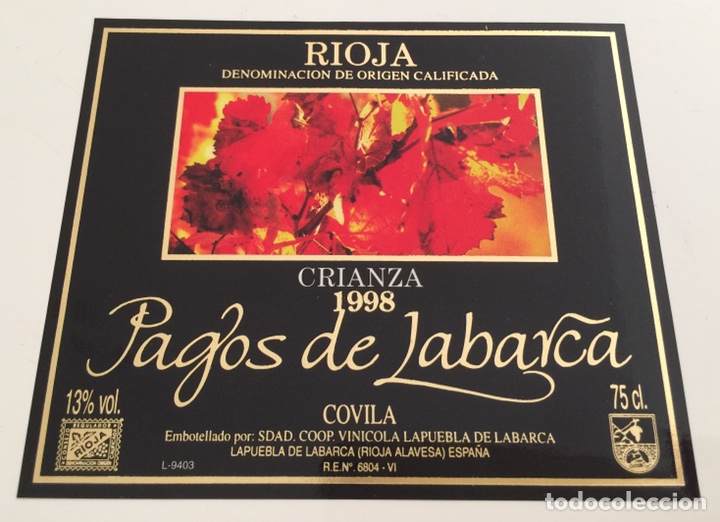 Etichette antiche: Etiqueta Vino Rioja Alavesa Pagos de Labarca - Cooperativa Lapuebla de Labarca - Covila Crianza 1998