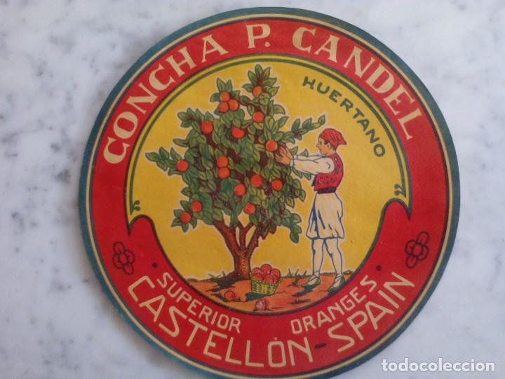 Alte Etiketten: etiqueta de naranjas huertano - concha P. candel - castellon - diametro 22,50 c.m
