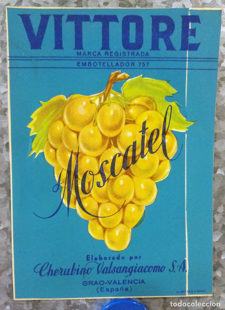 Etiquetas antiguas: ETIQUETA VITTORE MOSCATEL CHERUBILO VALSANGIACOMO S.A. GRAO, VALENCIA