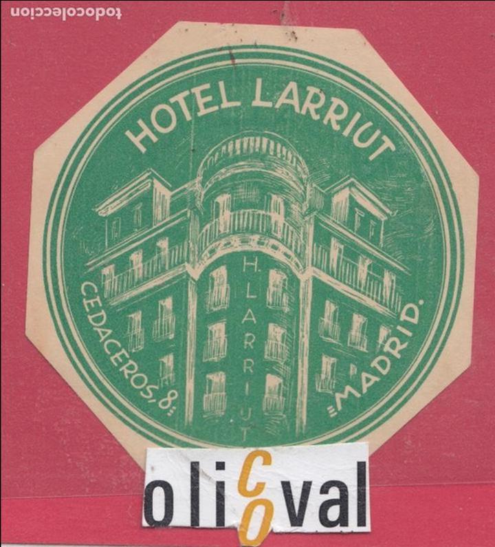 Etiquetas antiguas: ETIQUETA HOTEL LARRUIT MADRID TROQUEL ESP. 85mm E.HOTEL..18,39