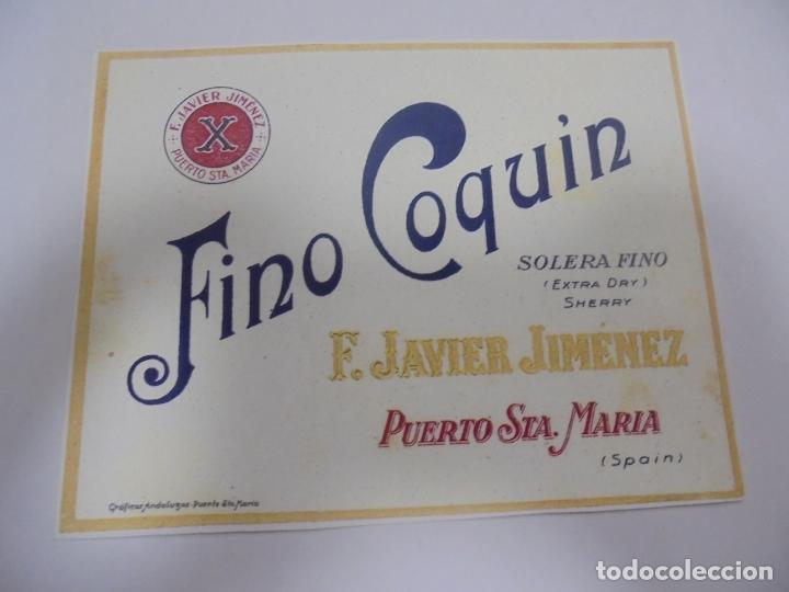 Etichette antiche: COPIA DE ETIQUETA. FINO COQUIN. SOLERA FINO. EXTRA DRY SHERRY. F.JAVIER JIMENEZ. 14 X 11CM