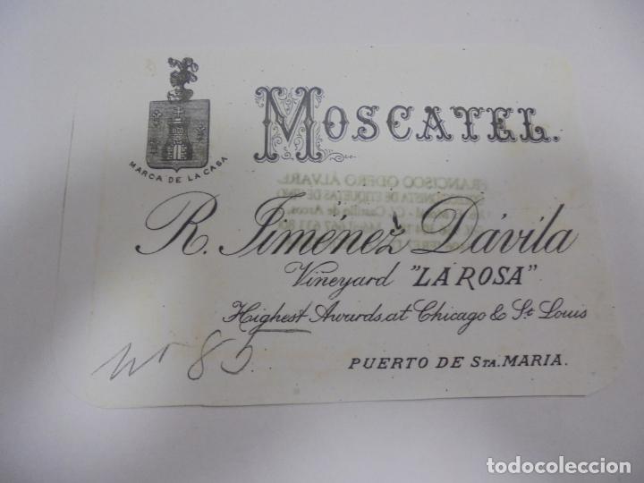 Etichette antiche: COPIA DE ETIQUETA. MOSCATEL. R.JIMENEZ DAVILA. VINEYARD LA ROSA. 13 X  10CM
