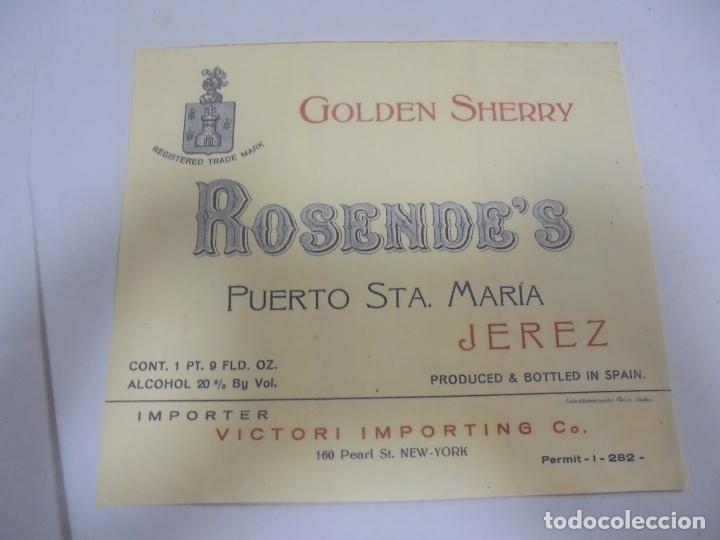 Etichette antiche: COPIA DE ETIQUETA. ROSENDE'S. GOLDEN SHERRY. PTO STA MARIA. JEREZ. 14 X 13CM