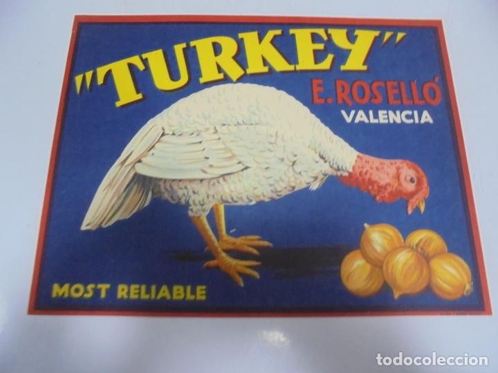 Etichette antiche: ANTIGUA ETIQUETA. TURKEY. E.ROSELLO. VALENCIA. MOST RELIABLE. 23 X 18CM