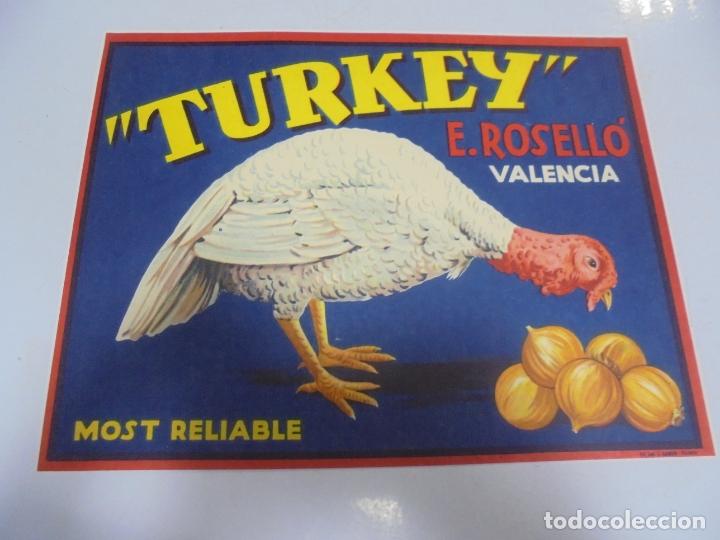 Etichette antiche: ANTIGUA ETIQUETA. TURKEY. E.ROSELLO. VALENCIA. MOST RELIABLE. 23 X 18CM